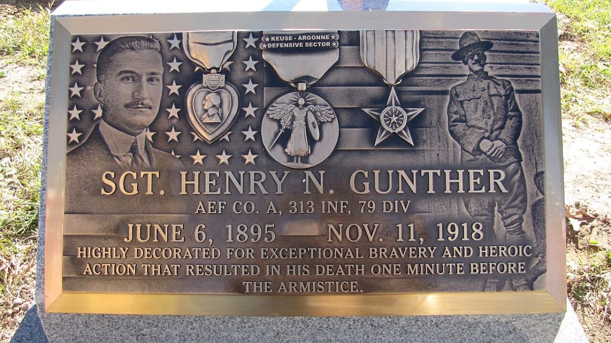 Bronze plaque reading SGT. HENRY N. GUNTHER, AEF CO. A, 313 INF, 79 DIV, JUNE 6, 1895 – NOV. 11, 1918